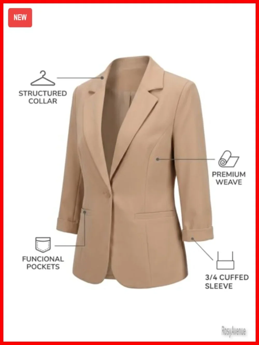 Lightweight Casual Blazer with Lapel Collar, 3/4 Cuffed Sleeve, Welt Pockets